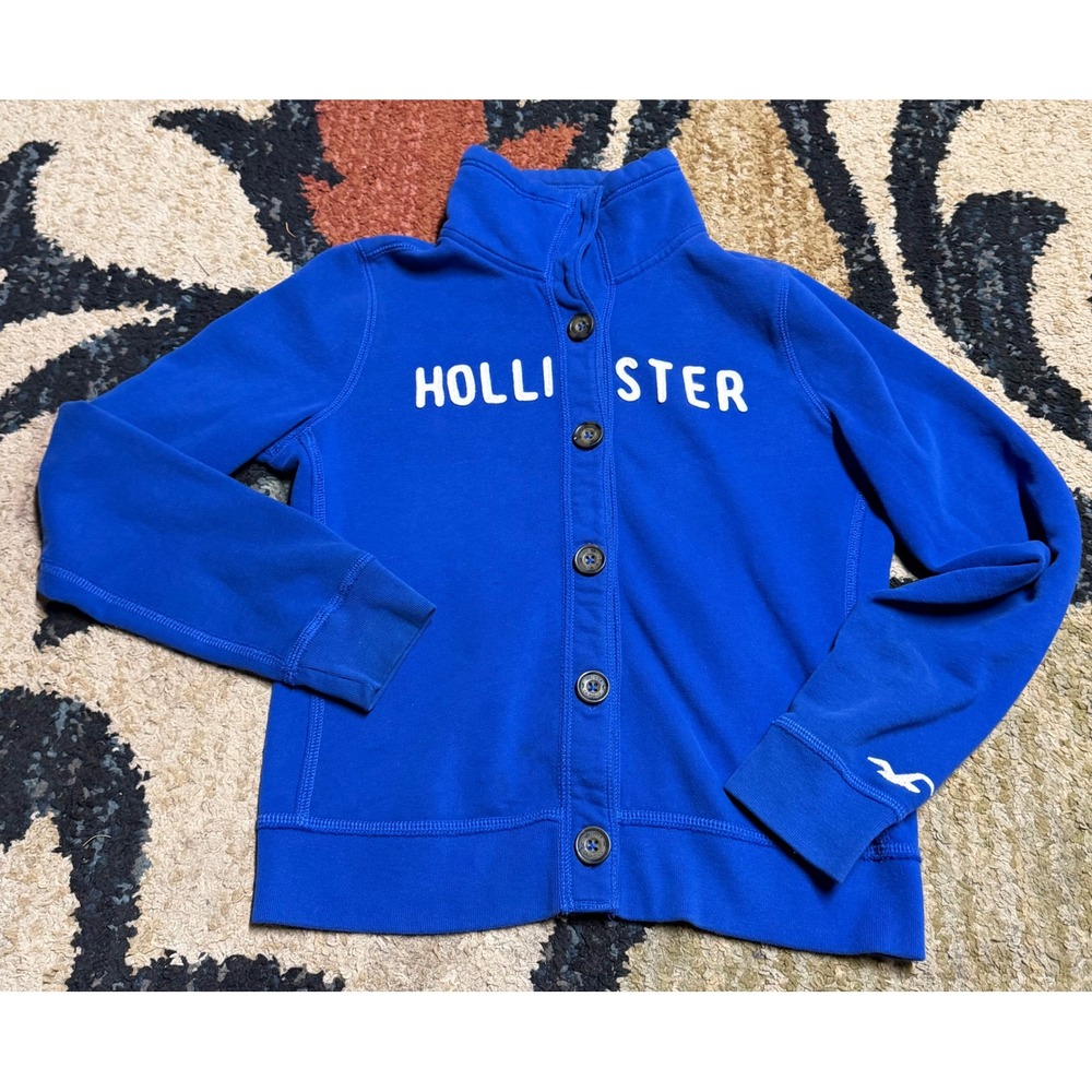Hollister California Blue Button Front Mock Neck Fleece Sweatshirt Large